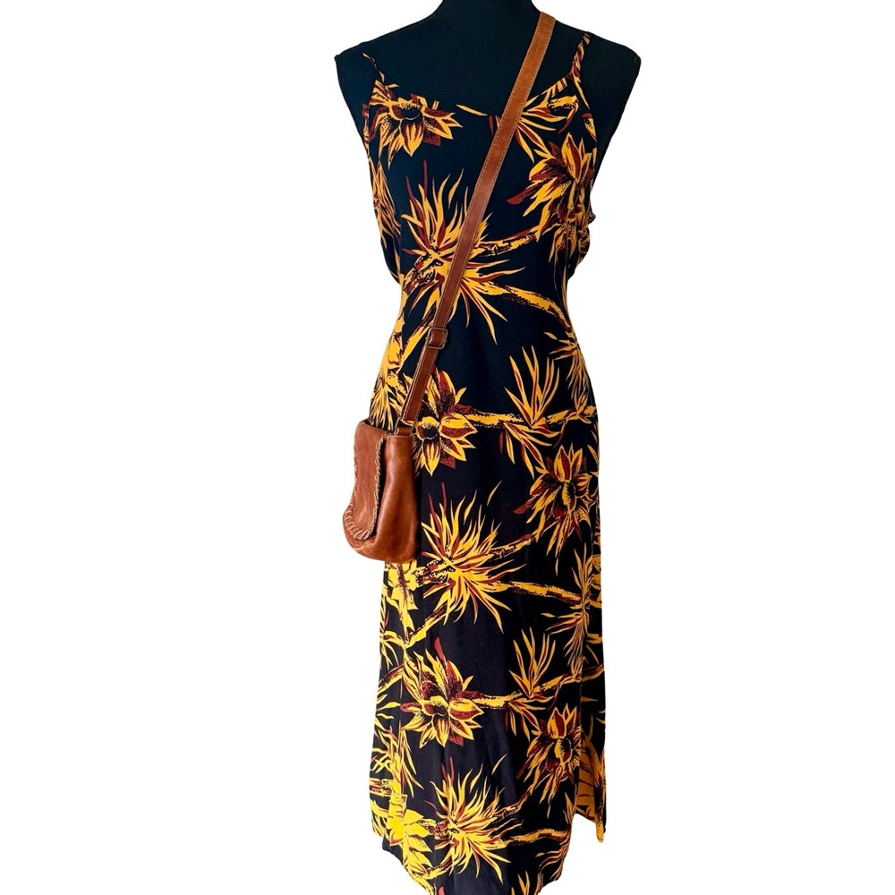 Vintage Black Tropical Floral Print Maxi Dress with Spaghetti Straps - Size L